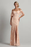 Vestido de Sirena Floral de Melocotón Largo y Brillante con Abertura