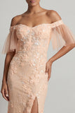 Vestido de Sirena Floral de Melocotón Largo y Brillante con Abertura