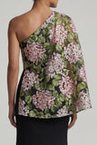 Vestido largo de sirena negra con flores y capa lateral
