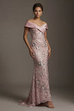 Vestido de la Madre de la Novia con cuentas de sirena rosa brillante, largo y descubierto de hombros
