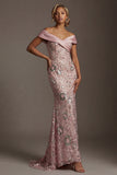 Vestido de la Madre de la Novia con cuentas de sirena rosa brillante, largo y descubierto de hombros