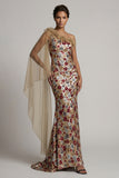 Vestido largo de madre de la novia, sirena floral rojo brillante con volantes, lentejuelas, y capa lateral