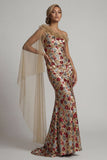 Vestido largo de madre de la novia, sirena floral rojo brillante con volantes, lentejuelas, y capa lateral