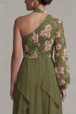 Eucalipto Un Hombro Floral Un Vestido de Madre de la Novia con volantes