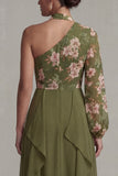 Eucalipto Un Hombro Floral Un Vestido de Madre de la Novia con volantes