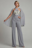 Mono de cabeza de madre de la novia con capa, gris azul, apliques