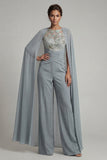 Mono de madre de la novia con cuello redondo aplicada en gris azul, capa