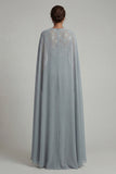 Mono de madre de la novia con cuello redondo aplicada en gris azul, capa