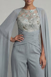 Mono de madre de la novia con cuello redondo aplicada en gris azul, capa