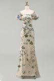 Vestido de Sirena de lentejuelas con lentejuelas de Salvia Polvoriento y flores 3D