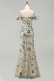 Vestido de Sirena de lentejuelas con lentejuelas de Salvia Polvoriento y flores 3D