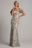 Vestido de Sirena de lentejuelas con lentejuelas de Salvia Polvoriento y flores 3D