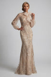 Vestido de Madre de la Novia con cuello alto de sirena aplicado a Champagen y lazo