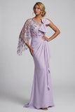 Vestido de Madre de la Novia de una sola hombro de sirena lila con capa