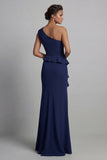 Vestido de la Madre de la Novia de Una Espada Azul Marino, de un hombro largo, con volantes