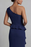 Vestido de la Madre de la Novia de Una Espada Azul Marino, de un hombro largo, con volantes