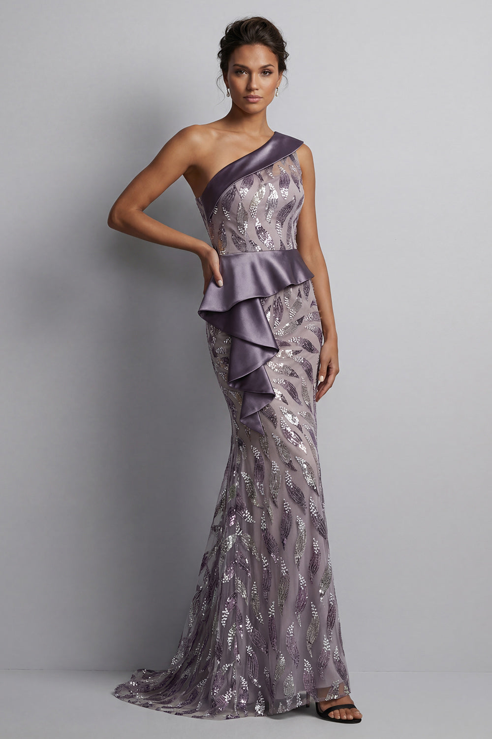 Vestido vintage brillante malva con largas cuentas de la sirena de la Madre de la Novia y volantes