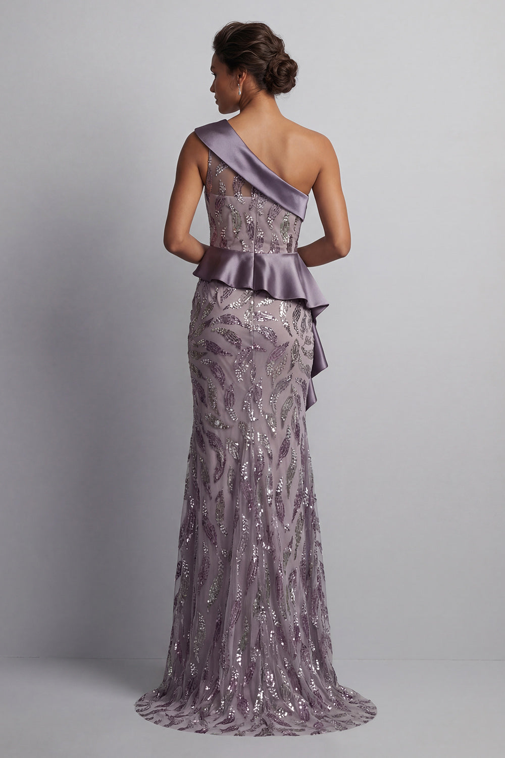 Vestido vintage brillante malva con largas cuentas de la sirena de la Madre de la Novia y volantes