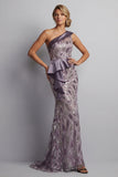 Vestido vintage brillante malva con largas cuentas de la sirena de la Madre de la Novia y volantes