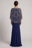 Vestido de sirena de la madre de la novia con camisa de lentejuelas azul marino brillante y capa