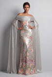 Sirena floral de lentejuelas plateadas brillantes Vestido largo de la cabeza de la novia con capa