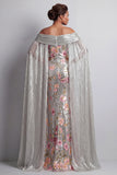 Sirena floral de lentejuelas plateadas brillantes Vestido largo de la cabeza de la novia con capa