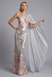 Vestido de madre de la novia con lentejuelas florales plateadas brillantes, un hombro largo, con capa lateral