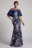 Vestido largo de Madre de la Novia con cuentas de sirena floral azul marino y capa