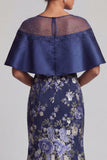 Vestido largo de Madre de la Novia con cuentas de sirena floral azul marino y capa
