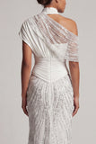 Vestido largo de sirena blanca con cuentas brillante