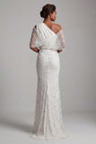 Vestido de madre de la novia de sirena blanca brillante con cuentas de un hombro