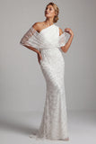 Vestido de madre de la novia de sirena blanca brillante con cuentas de un hombro