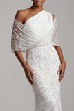 Vestido de madre de la novia de sirena blanca brillante con cuentas de un hombro