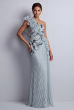 Vestido de madre de la novia brillante, brillante y azul gasa con volantes largos de un hombro