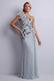 Vestido de madre de la novia brillante, brillante y azul gasa con volantes largos de un hombro