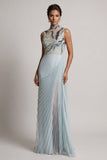 Vestido largo de madre de la novia con chiffon azul polvoriento plisado y cuello alto