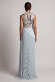 Vestido largo de madre de la novia con chiffon azul polvoriento plisado y cuello alto