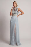 Vestido largo de madre de la novia con chiffon azul polvoriento plisado y cuello alto