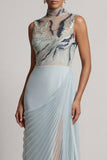 Vestido largo de madre de la novia con chiffon azul polvoriento plisado y cuello alto