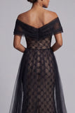 Vestido largo de Sirena de Madre de la Novia con Cartas Negras y Capa