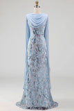 Vestido largo de sirena azul cielo con cuentas y capa