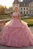 Vestido de baile rosa con hombros descubiertos, lentejuelas y lentejuelas Quinceañera