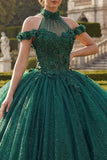 Vestido de bala de quinceañera con purpurina con purpurina verde oscuro y escote halter