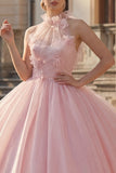 Vestido de baile con rubor y escote halter, vestido de quinceañera con aplicación