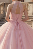 Vestido de baile con rubor y escote halter, vestido de quinceañera con aplicación