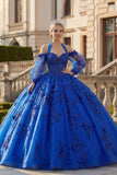 Vestido de gala de corte halter con escote halter, azul real con purpurina aplicada y purpurina vestido Quinceañera