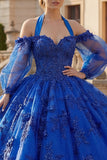Vestido de gala de corte halter con escote halter, azul real con purpurina aplicada y purpurina vestido Quinceañera