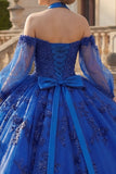 Vestido de gala de corte halter con escote halter, azul real con purpurina aplicada y purpurina vestido Quinceañera