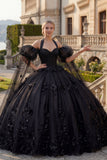 Vestido de gala con escote halter y aplicada con aplicada negra de quinceañera y mangas abombadas