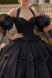 Vestido de gala con escote halter y aplicada con aplicada negra de quinceañera y mangas abombadas